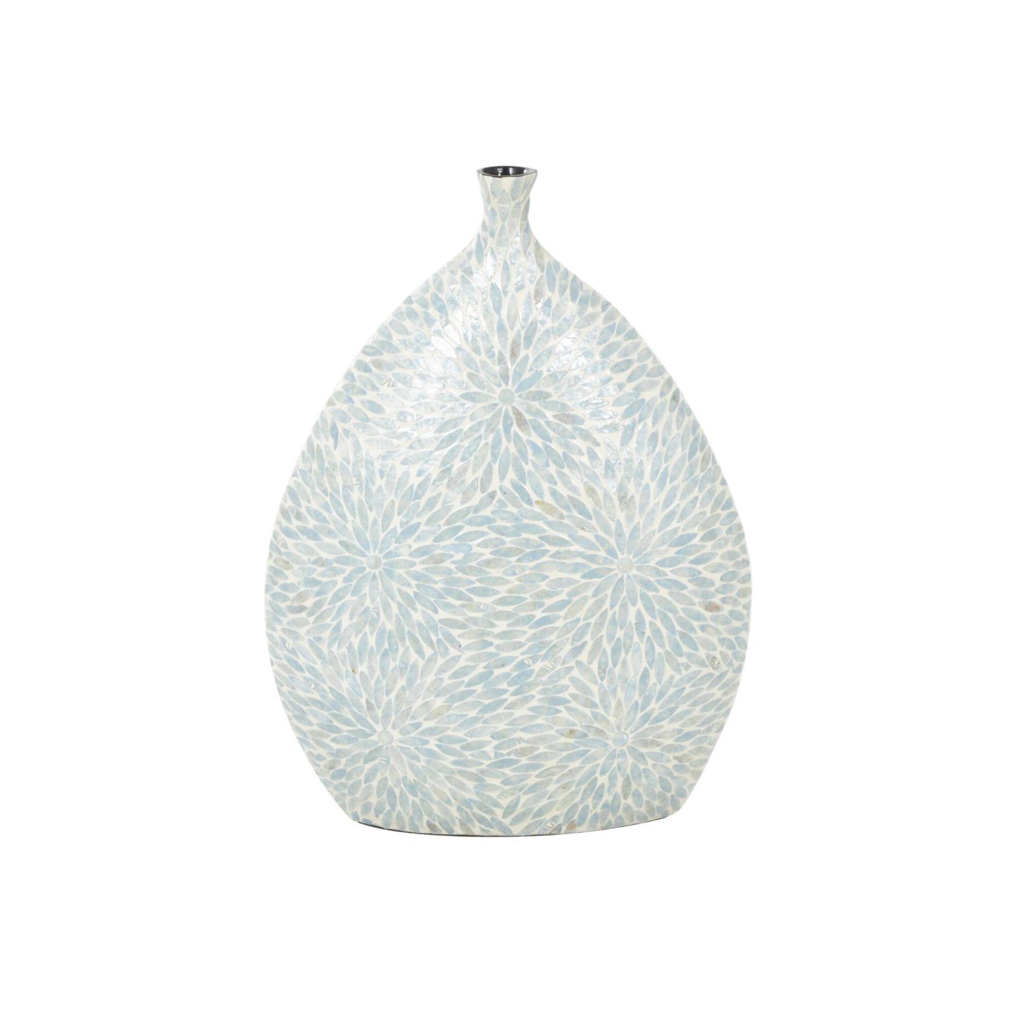 24" Light Blue Mother of Pearl Shell Floral Handmade Large Mosaic Vase with Cream Underlay